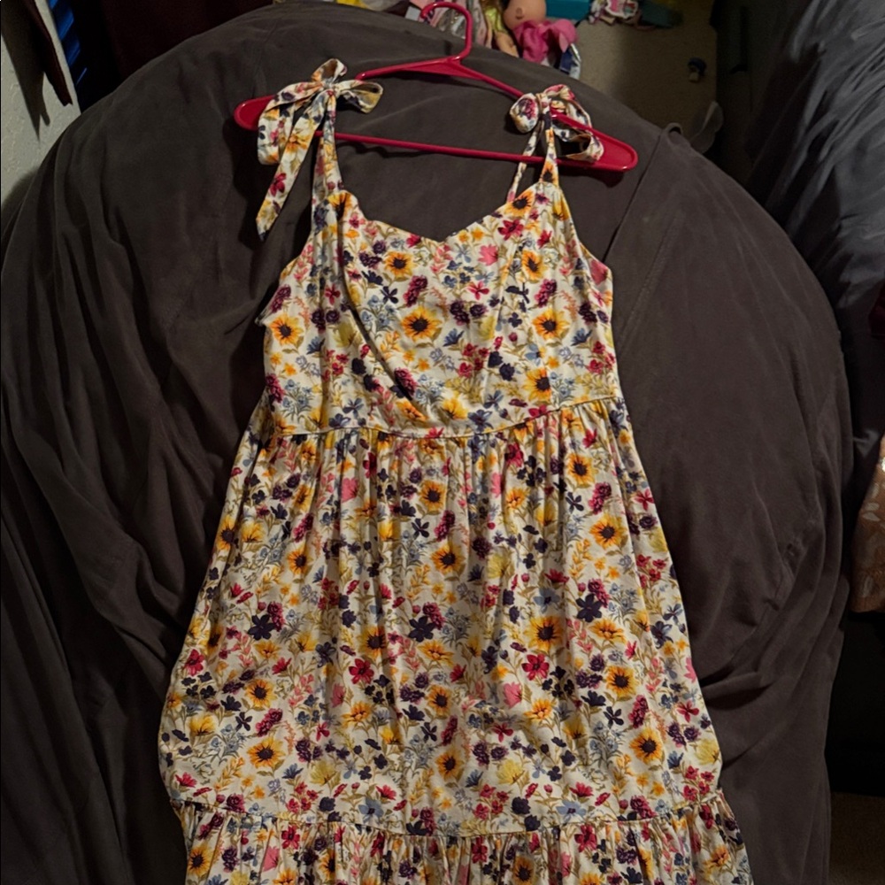 Old Navy Cream Floral Tie-Shoulder Midi Dress with Yellow & Purple Flowers